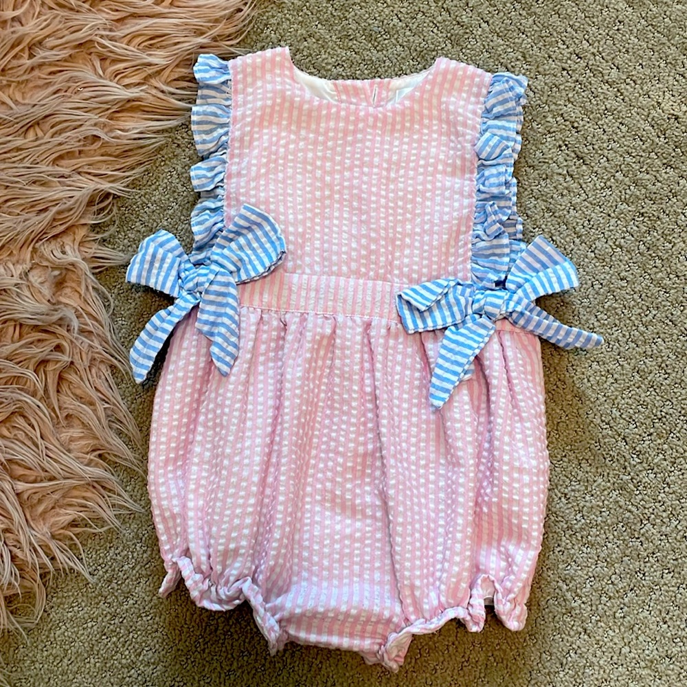 Cecil and Lou girls seersucker pink & blue bubble size 18m